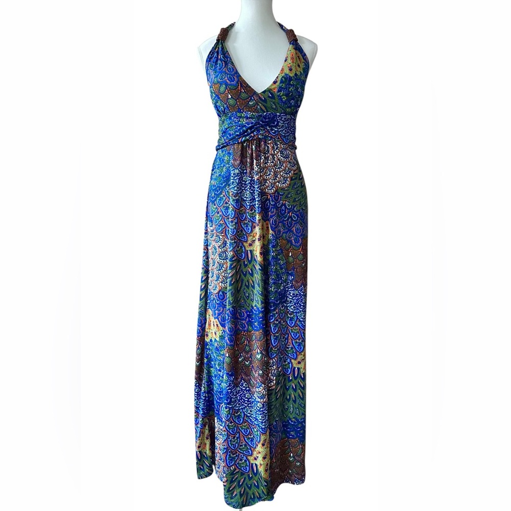 Cristina Love Halter Maxi Dress Boho Resort Wear Peacock Print Blue Green - XL